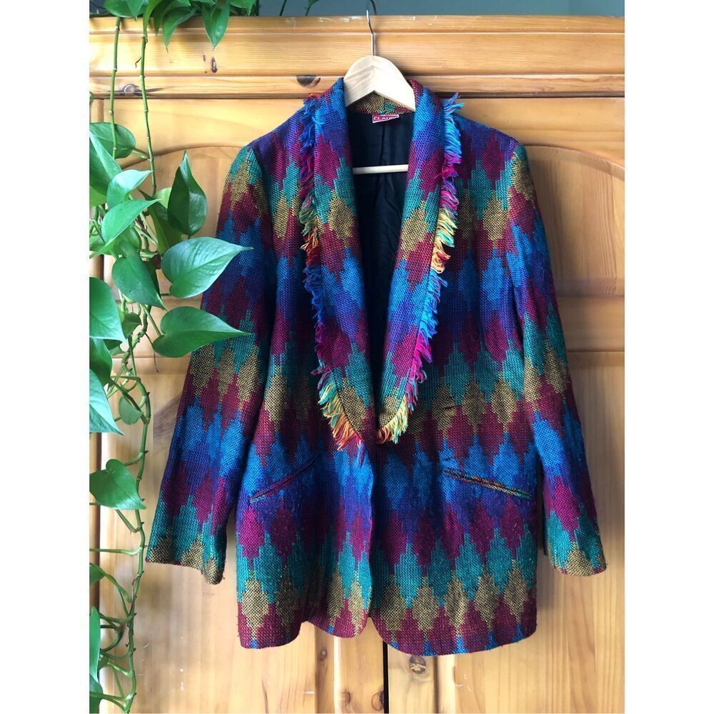 Vintage 80s/90s Claude Multicolor Fringe Blazer Jacket – Geometric Pattern SZ S